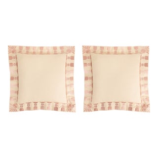 Tassel Embroidered Linen Pillow, Bisuqe and Petal Pink, 24 "x 24", Pair For Sale