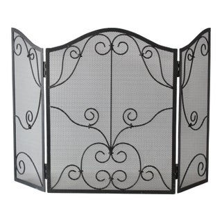Vintage French Style Black Mesh Fireplace Screen Metal Scrollwork Details For Sale