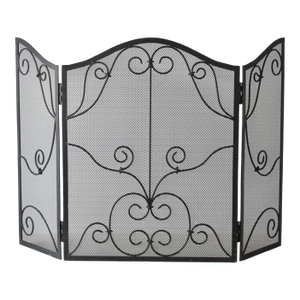 Vintage French Style Black Mesh Fireplace Screen Metal Scrollwork Details