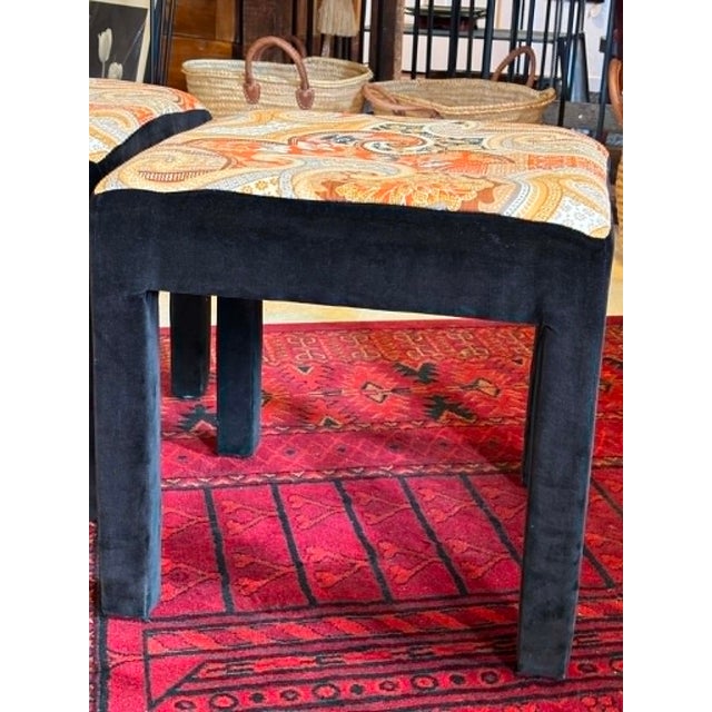 Textile Pair Mid Century Orange and Black Ottomans Upholstered in the Manner of Jack Lenor Larsen For Sale - Image 7 of 9