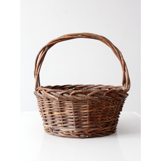Vintage Rustic Woven Willow Basket With Handle For Sale - Image 13 of 13