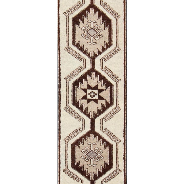 Tribal Vintage Turkish Tulu Runner With Brown and Cream Geometric Medallions 3'5 X 11'9 For Sale - Image 3 of 11
