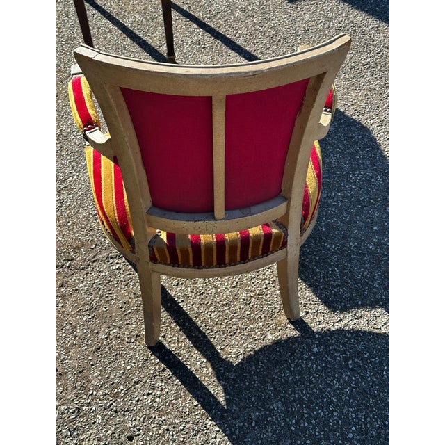 Louis XVI Cabriolet Armchair in Patinated Wood and Striped Velvet For Sale - Image 6 of 15
