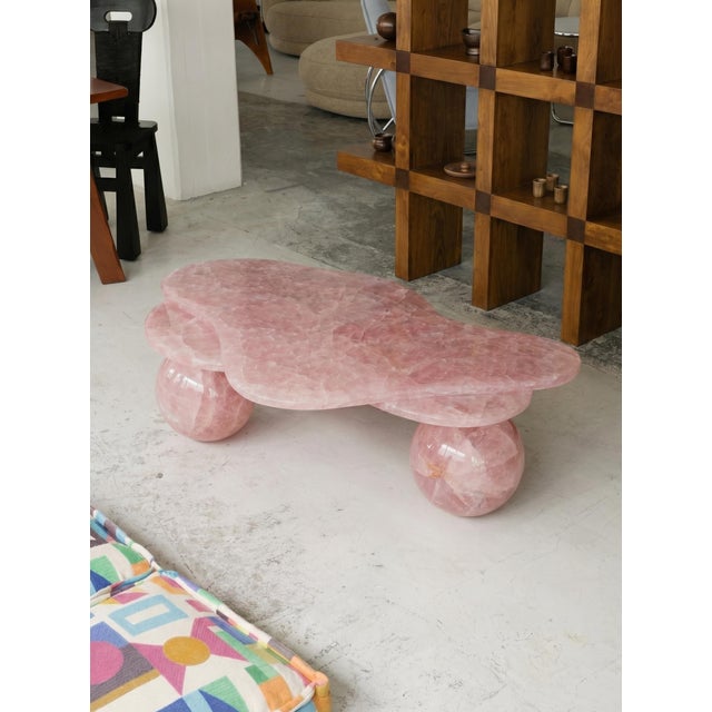 Handcrafted Rose Quartz Organic Coffee Table With Sphere Legs | Sculptural Luxury Stone Table For Sale - Image 6 of 8