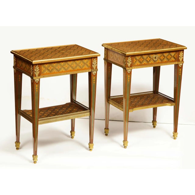 Exceptional Pair of French Ormolu-Mounted Parquetry and Marquetry Side Tables For Sale - Image 10 of 17