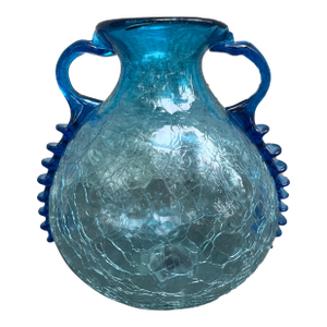 1970s Soffiato Double Handle Vase Blue Crackle Glass, Italy