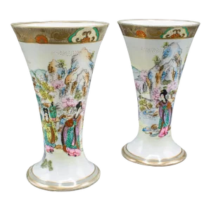 1930s Pair of Vintage Art Deco Ceramic Japanese Decorative Flower Vases