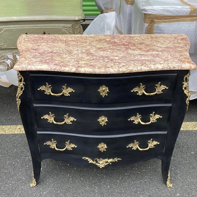 Wood Elegant French Black Commode W/ Marble Top & Bronze Dore Ormalu For Sale - Image 7 of 10