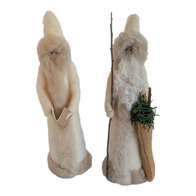 Vintage Folk Art Felted Wool Santas Pair Handcrafted For Sale