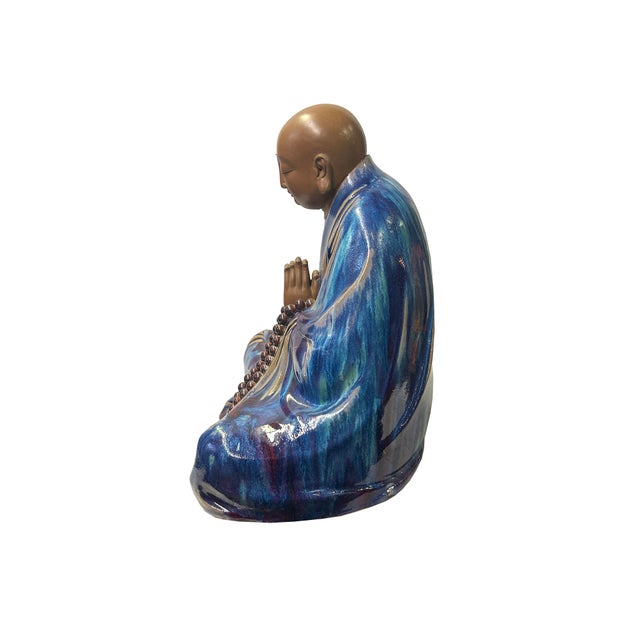 Fine Chinese Shiwan-Style Ceramic Luohan Amitabha in Deep Sea Glaze For Sale - Image 4 of 13
