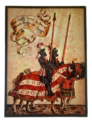 German Hand-Painted Stained Glass Hanging Window Panel with Knights with Lances, 20th Century
