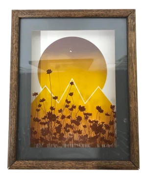 1970s Vintage John Lee Yellow Sunset Mountains 3-D Shadowbox Original Print Wall Hanging