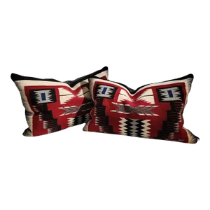 Vintage Woven Pillows With Geometric Patterns - a Pair