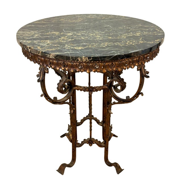 Metal Antique Victorian Rococo Wrought Iron Marble Round Top Side Table For Sale - Image 7 of 10