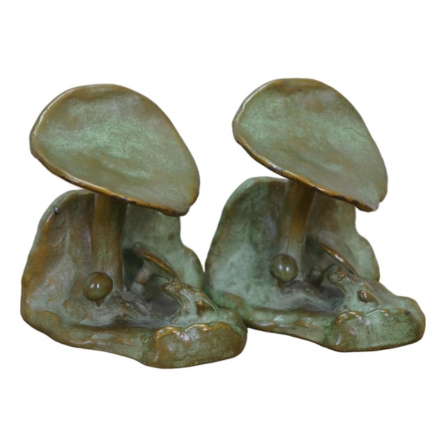 Antique McClelland Barclay Art Deco Bronze Mushroom Frog Bookend Sculptures 4.5" For Sale