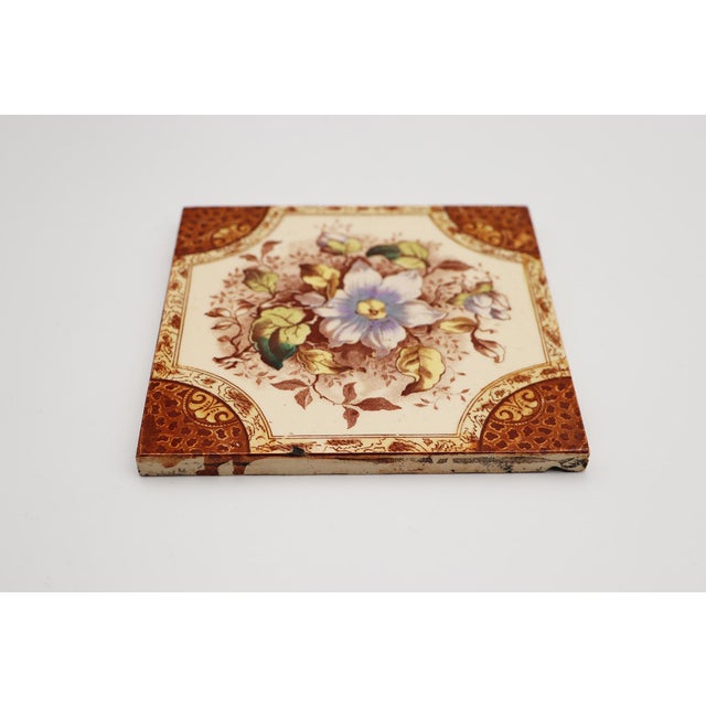 Victorian Victorian Floral Tile, 1900s Earthenware For Sale - Image 3 of 9