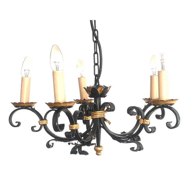 Wrought Iron 5-Light Chandelier, 1960s For Sale