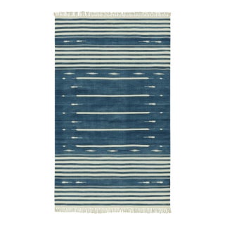 Rug & Kilim's Modern Dhurrie Rug in Blue with White Stripes & Geometric Patterns - 5x7 For Sale