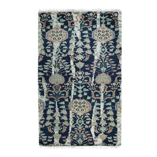 5x8 Blue Hand-Knotted Wool Floral Pomegranate Columns Geometric Carpet Rug For Sale