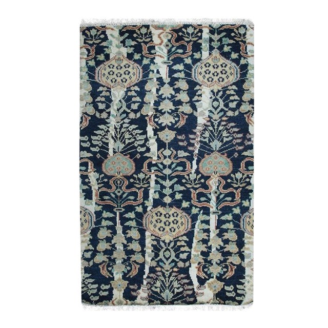 5x8 Blue Hand-Knotted Wool Floral Pomegranate Columns Geometric Carpet Rug For Sale