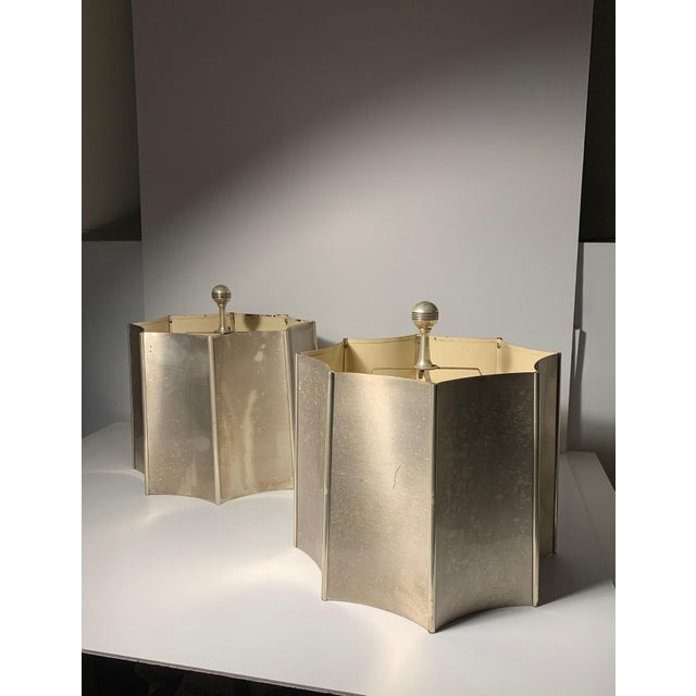 Mid 20th Century Art Deco Silver Metal Lamp Shades with Finials - a Pair For Sale - Image 13 of 17
