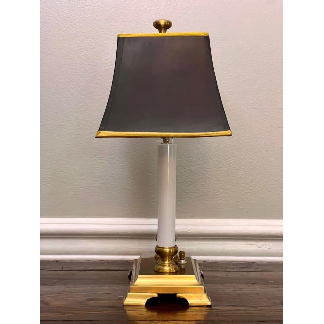 Late 20th Century Small Brass Twin Candle Bouillotte Style Lamp With Black Parchment Shade For Sale In Philadelphia - Image 6 of 17