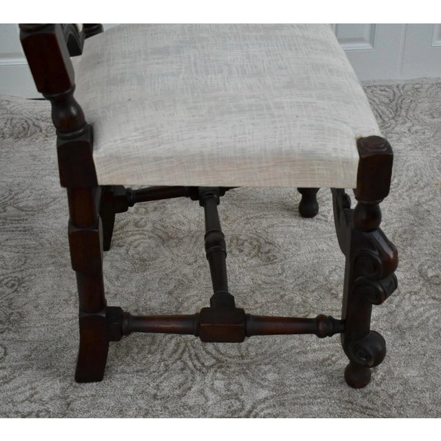 1980s Walnut Accent Chair Carved High Back Jacobean Style William & Mary Stretcher 80s For Sale - Image 5 of 12