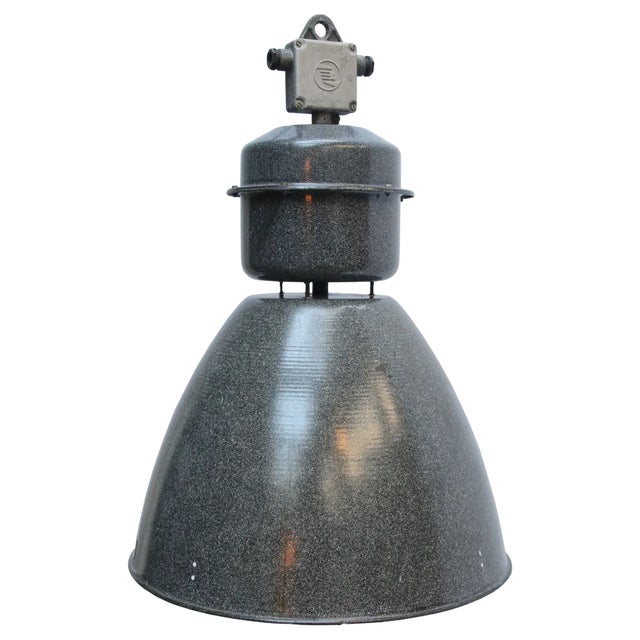 Vintage Industrial Gray Enamel Factory Pendant Lamp For Sale