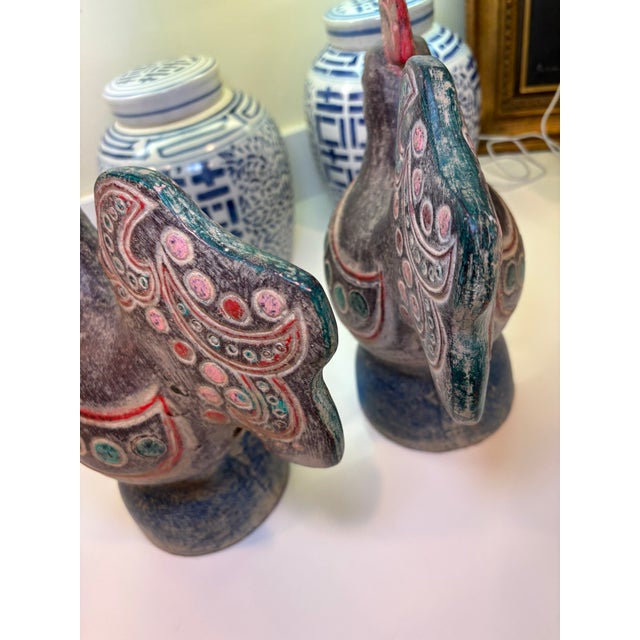 Vintage Thai Terracotta Rooster Bird Sculptures Hand Painted Folk Art – A Pair For Sale - Image 14 of 18