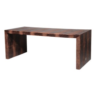 Office Brown Desk in Split Leather with Crocodile Skin Effect by Philipp Plein, 1978 For Sale