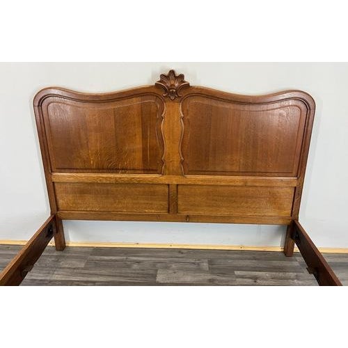 Wood Vintage French Louis Style Oak Double Bed Frame with Carved Headboard For Sale - Image 7 of 13