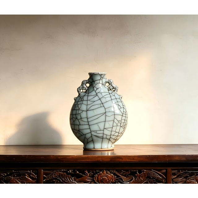 Art Deco Chinese Ceramic Vase Guan Ware Crackle Glaze Celadon Double Ears Moonflask Vase For Sale - Image 3 of 9