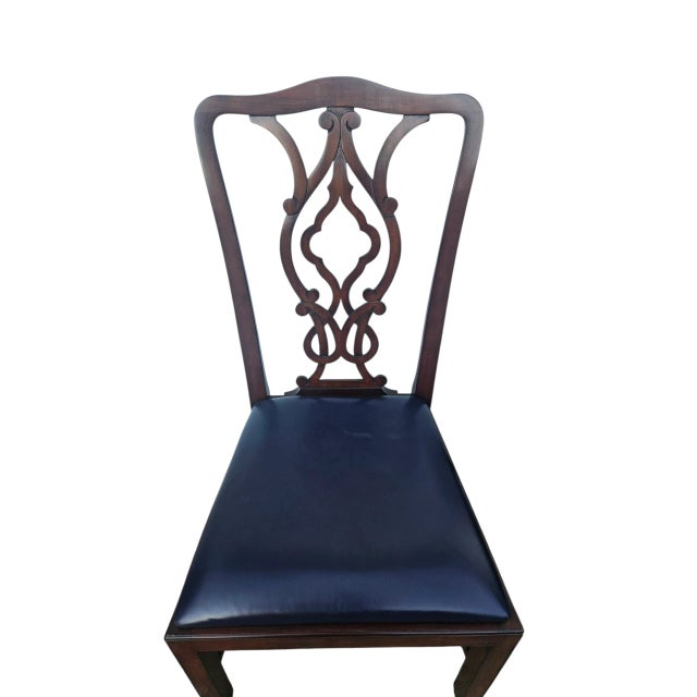 Thomasville 2 Chippendale Dining Room Side Chairs 18th Century Mahogany Navy Leather Carved For Sale - Image 4 of 10