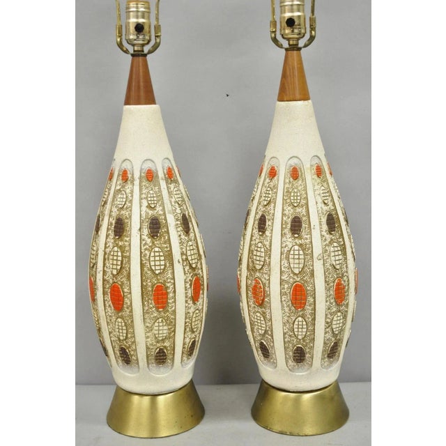 Mid-Century Modern Vintage Mid Century Modern Ceramic Pottery Sculpted Teak Wood Table Lamps - Pair For Sale - Image 3 of 12