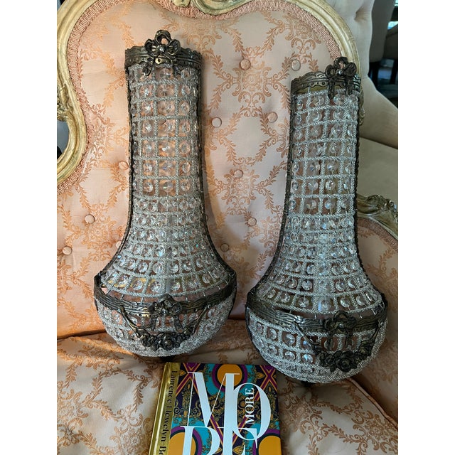 Metal Vintage Dark Bronze and Crystal Wall Sconces - a Pair For Sale - Image 7 of 11