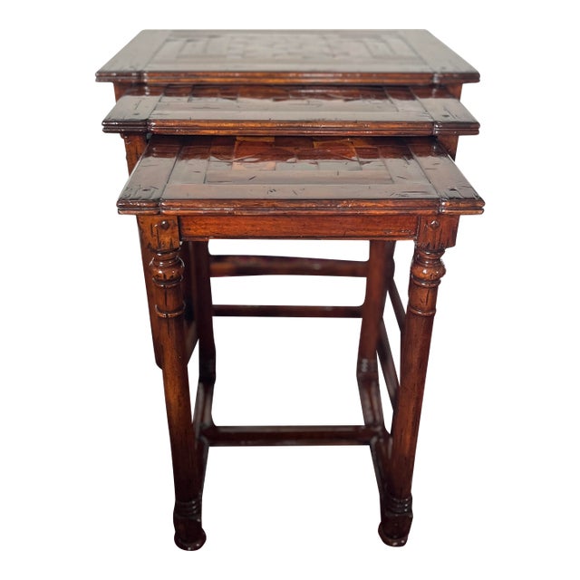 Attributed to Jonathan Charles Nest of Three Walnut Inlaid Parquet Oyster Tables, Huntingdon Collection For Sale