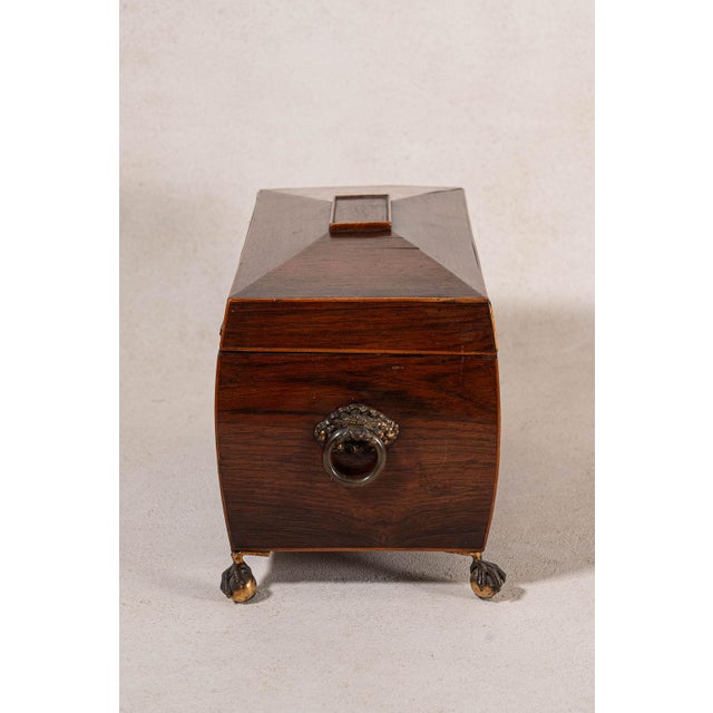 English Early 19th Century Georgian Rosewood Tea Caddy With Brass Handles + Brass Claw Feet | Original Fittings + Green Interior For Sale - Image 3 of 10