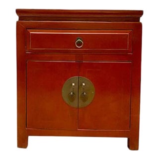 1980s Asian Red Lacquer Elm Nightstand For Sale