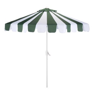 Meze 9 Ft Crank Umbrella, Green Cabana Stripe/White Pole For Sale