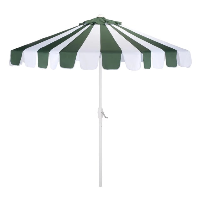 Meze 9 Ft Crank Umbrella, Green Cabana Stripe/White Pole For Sale