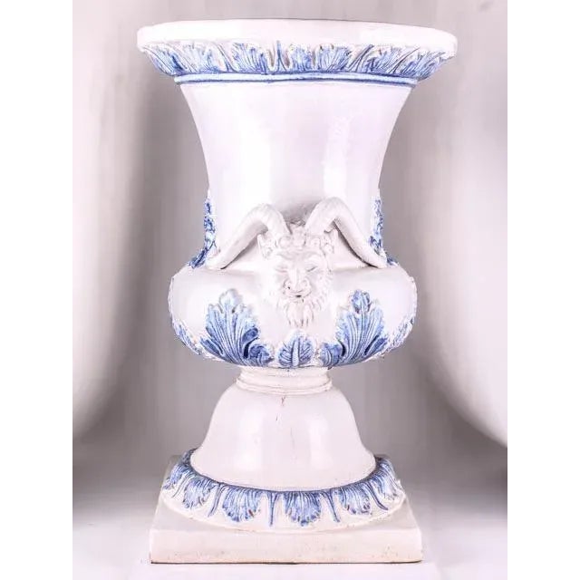 Late 19th Century Monumental Blue & White Majolica Grecian Urn With Mythological Jupiter Ammon Motifs For Sale - Image 5 of 10