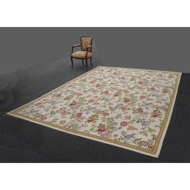 Vintage French Provincial Needlepoint Tapestry Off White Floral Area