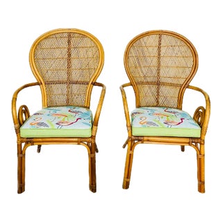 Set of 2 Bamboo Rattan Peacock Dining Armchairs, Circa 1980s For Sale