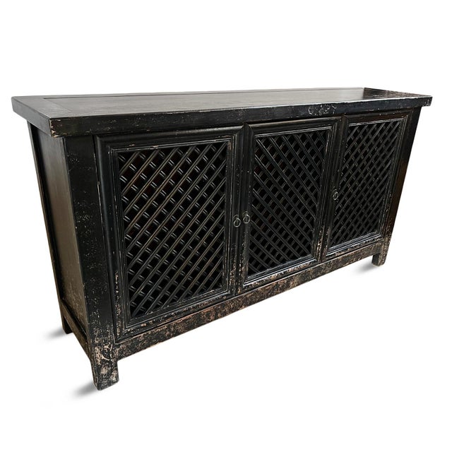 Vintage Black Aged Lattice 3-Door Sideboard For Sale - Image 4 of 8