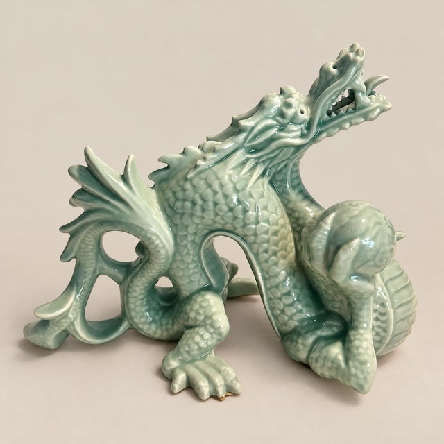 Mid-Century Modern MCM Porcelain Celadon Andrea by Sadek Dragon Figurine For Sale - Image 3 of 8