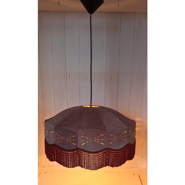 Textile Vintage Pendant Lamp with Hand-Stitched Red Velour Leather Shade, 1970s For Sale - Image 7 of 7