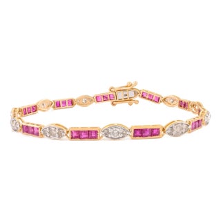 3.76 Ct Channel Set Ruby Vintage Wedding Bracelet in 14k Gold With Diamonds For Sale