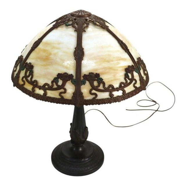 Traditional Bradley & Hubbard Arts & Crafts 6 Panel Slag Glass Table Lamp C1920 For Sale - Image 3 of 12