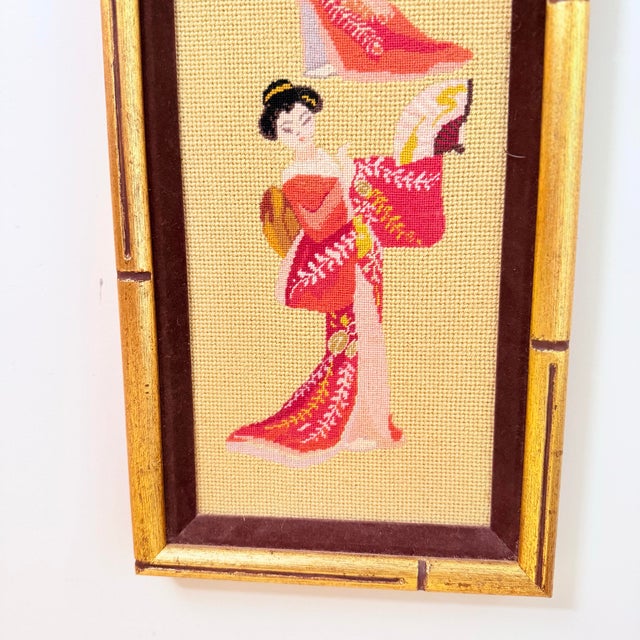 Vintage Geisha Needlepoint Panel — Three Figures in Kimono, Gilt Bamboo Frame, Chinoiserie For Sale In Chicago - Image 6 of 8