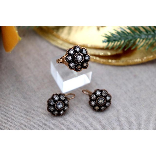 Metal Ring and Earring Set in 19.2k Gold with Diamond Setting, Set of 3 For Sale - Image 7 of 8